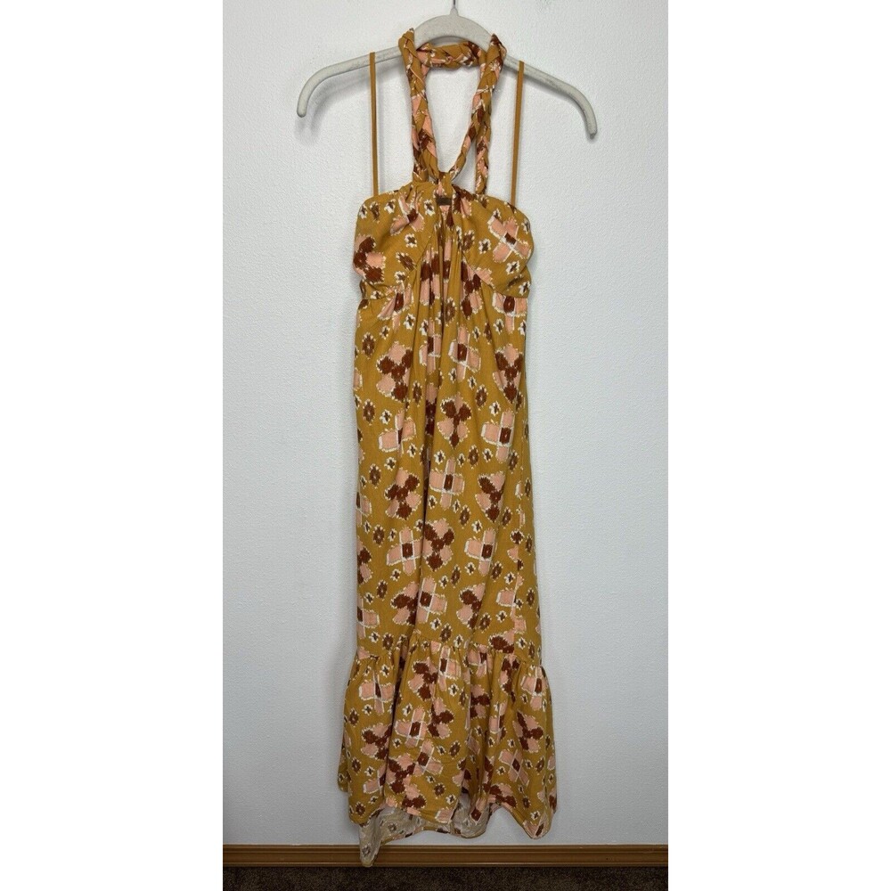 Aerie Medium High Low Halter Maxi Dress Mustard Yellow Sundress Linen Blend NWT